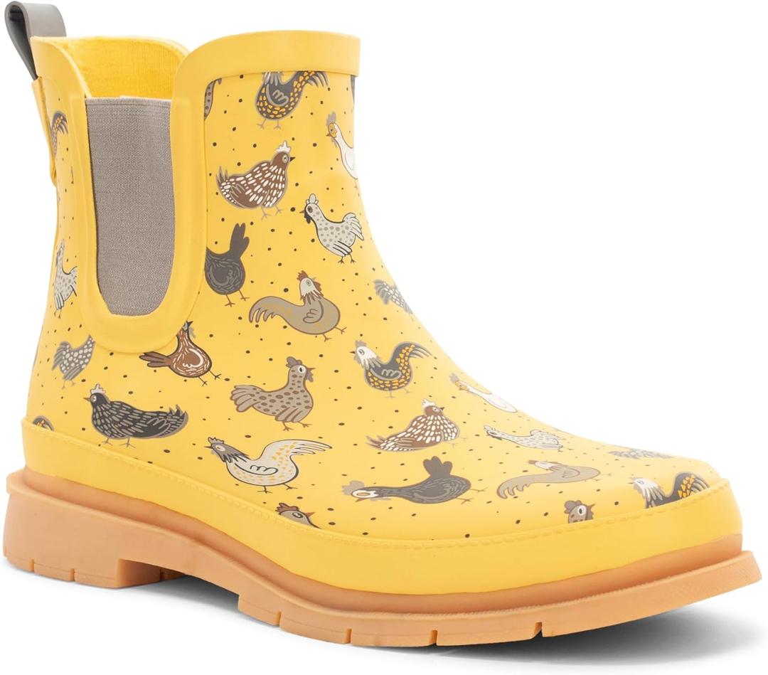 Western Chief Women's Waterproof Chelsea Ankle Rain Boot with Elastic Gore and Rubber Lug Outsole  Stylish and Functional for Rainy Days (7, Hen Frenzy)