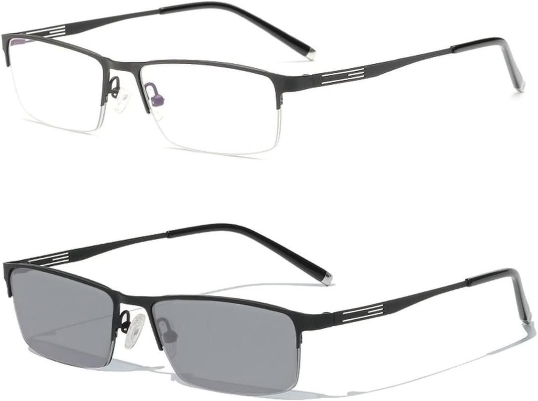 laureles Photochromic Reading Glasses for Men Business Square Metal Half Frame Sun Photochromic Lens Readers (Black, 2.5, multiplier_x)