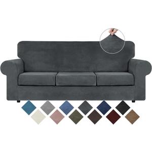 WEERRW 4 Pieces Velvet High Stretch Couch Covers for 3 Cushion Sofa Slipcovers, Washable Furniture Protector with Non Slip Elastic Bottom, Feature Soft and Thick Plush Fabric, Dark Grey, Large