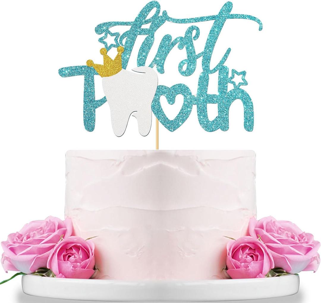WeBenison First Tooth Cake Topper/Baby Shower/Baby 6 Months/First Tooth Party Decorations Supplies Blue Glitter