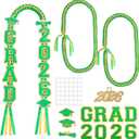 Yinkin Graduation Ribbon Leis Set Class of 2026 Handmade Double Braided Necklace Adjustable Includes Silk Leis Grad Cutouts 2026 Pendant for Graduation Party Accessories(Green,Gold)