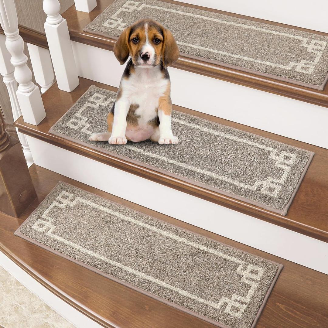 BEQHAUSE Stair-Treads-for-Wooden-Steps Non-Slip Washable Reusable Carpet Stair Treads 28inX9in Polyester Soft Indoor Stair Runner for Kids Elders and Pets 15pcs,Taupe (15, Taupe)