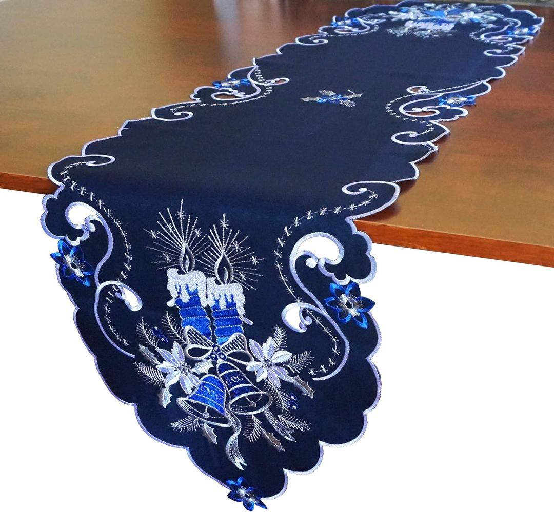 GRANDDECO Holiday Christmas Table Runner 13"x54", Cutwork Embroidered Floral Christmas Blue Candles Dresser Scarf Table Topper for Home Dining Xmas Tabletop Decoration