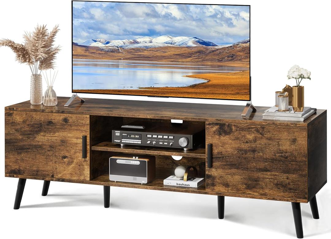 SUPERJARE TV Stand for 55 Inch TV, Entertainment Center with Adjustable Shelf, 2 Cabinets, TV Console Table, Media Console, Solid Wood Feet, Cord Holes, for Living Room, Bedroom, Rustic Brown (53.9")