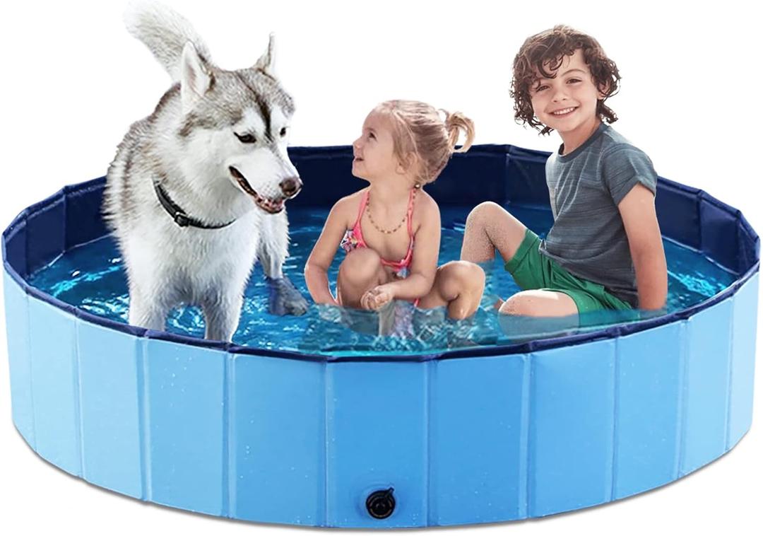 Jasonwell Foldable Dog Pool Collapsible Hard Plastic Dog Swimming Pool Portable Kiddie Pool Pet Pool Doggie Wading Pool Bath Tub for Puppy Small Medium Large Dogs Cats and Kids 55.1" (Plastic Board Blue)