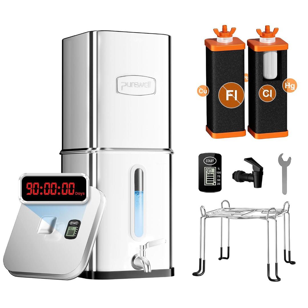 Purewell 5-Stage Filtration Fluoride-Free Gravity Water Filter System with Visible Window & Smart Timer, 20,000G Filter Capacity, Reduce Fluoride, Lead, Total PFAS, Mercury, and Chlorine, SQF-2.25G