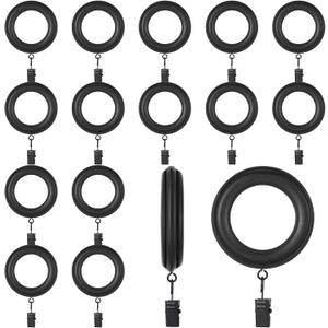 16 Pack Curtain Rod Rings Wooden with Drapery Clips 2.95 Inch Outer Diameter Beech Wood Carved Drapes Rings 1.7 Inch Interior Diameter for 1-1.2 Inch Curtain Rod Pole (Black)