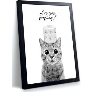 JZMGGQQ Funny Cat Bathroom Wall Art, Black and White Cute Kitten Wall Decor with Humorous Are You Pooping Canvas Print, Animal Art for Restroom, Bathroom Poster Black Wooden Frame 16x12 In