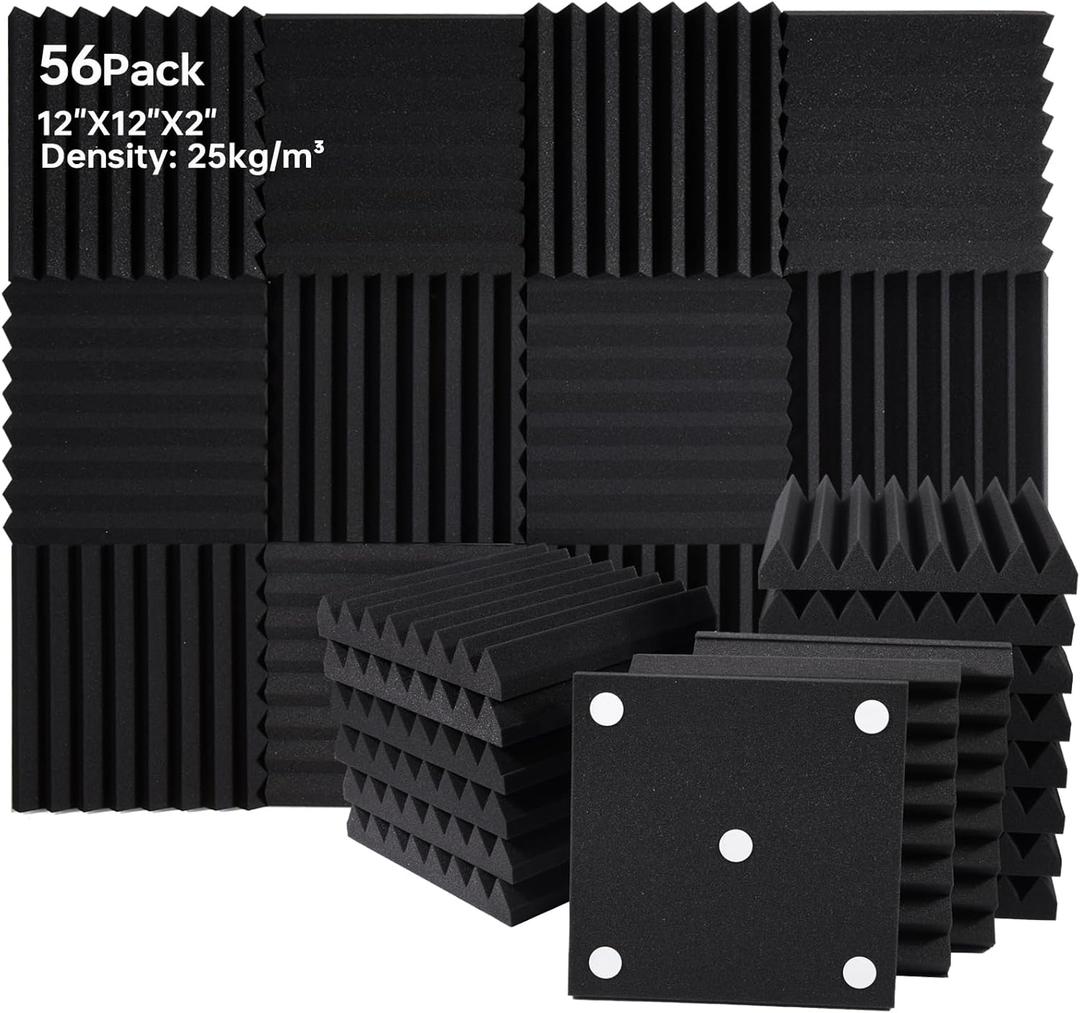 56 Pack Sound Proof Panels for Walls, 2" X 12" X 12" Wedges Acoustic Foam, High Density Acoustic Panels, Soundproof Wall Panels for Home Studio Sound Absorption and Decoration, Black