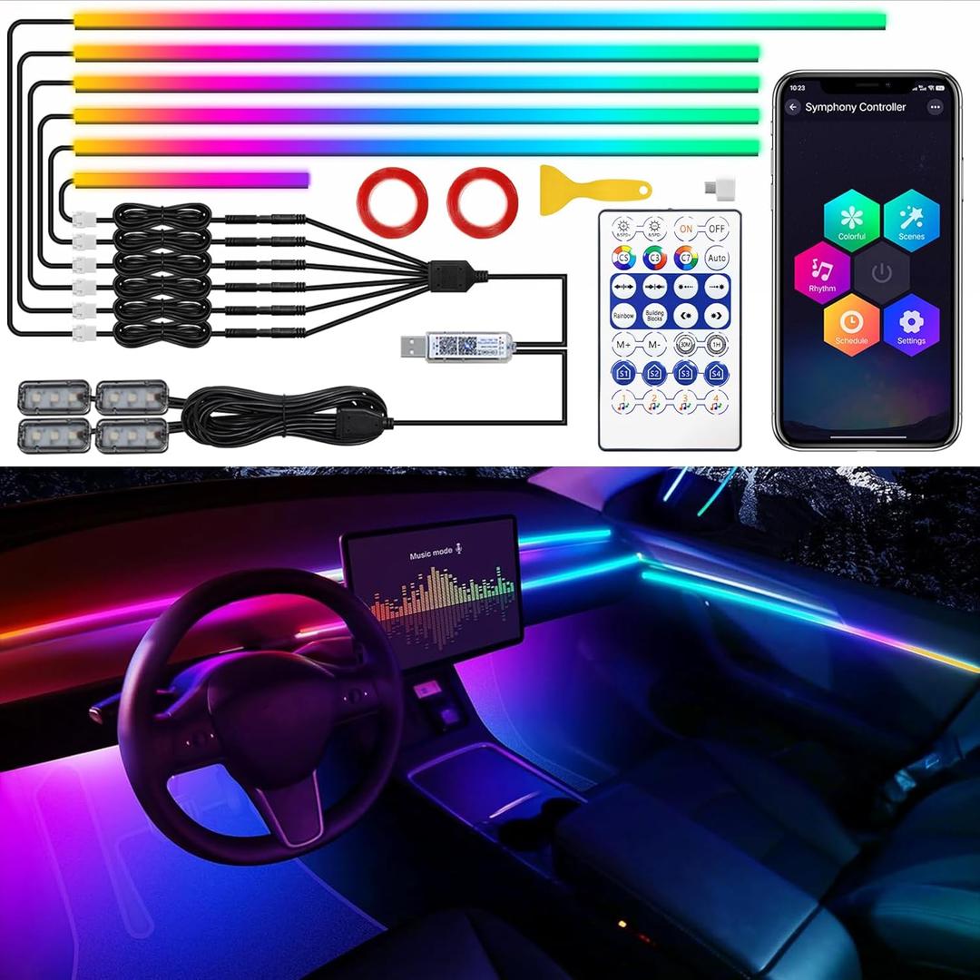 Acrylic Interior Car LED Strip Light with USB/Type C, Dreamcolor 10 in 1 with 187 inches 650 LEDs Ambient Lighting Kits, Sound Active Function Neon Accessories