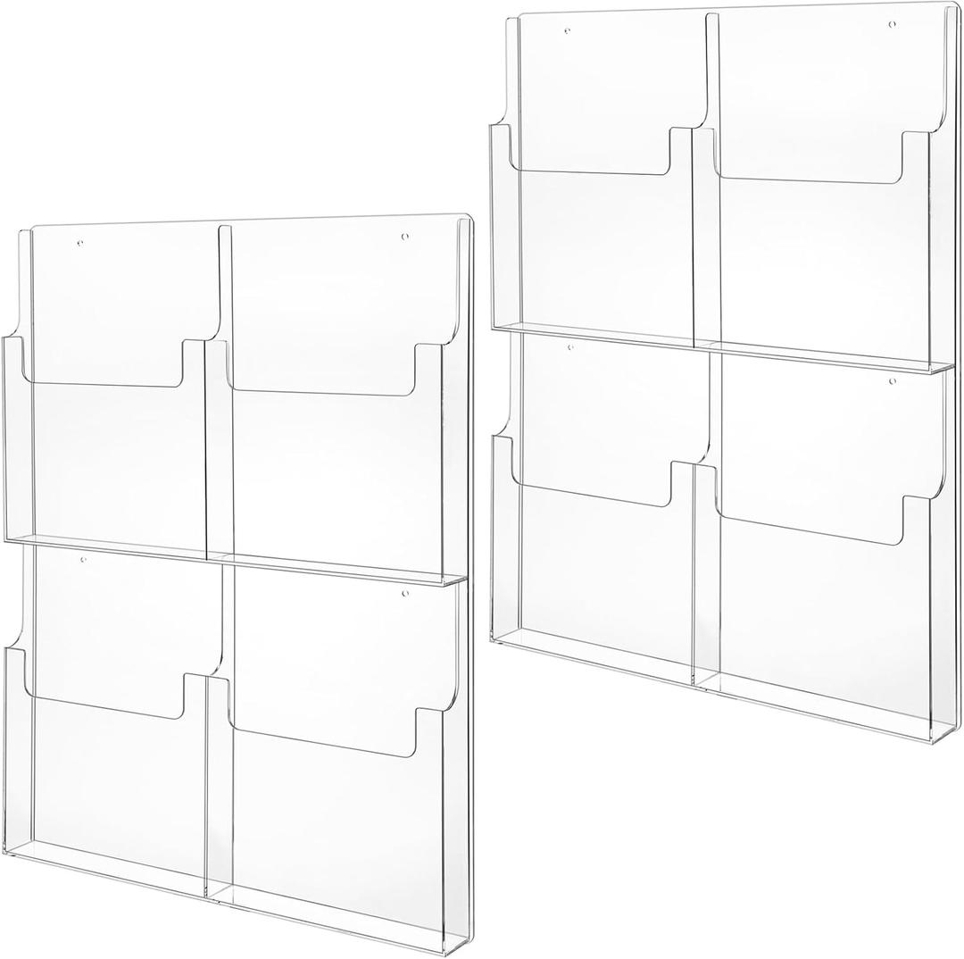 RattanView 2 Pcs 4 Pocket Pamphlet Holder Wall Mount Acrylic Brochure Holder Plastic Trifold Multi Slot Flyer Rack Clear Literature Rack Magazine Literature Display Wall Hanging Organizer for Office