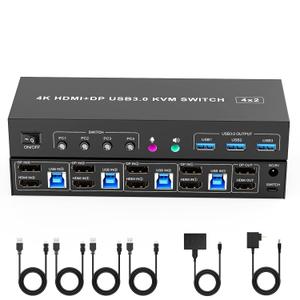 4K KVM Switch 2 Monitors 4 Computers Dual Monitor HDMI Displayport USB 3.0 KVM Switches 4K@60Hz,Support Extended/Mirror Mode Share 3 USB 3.0 Ports with Desktop Controller, Adapter Included
