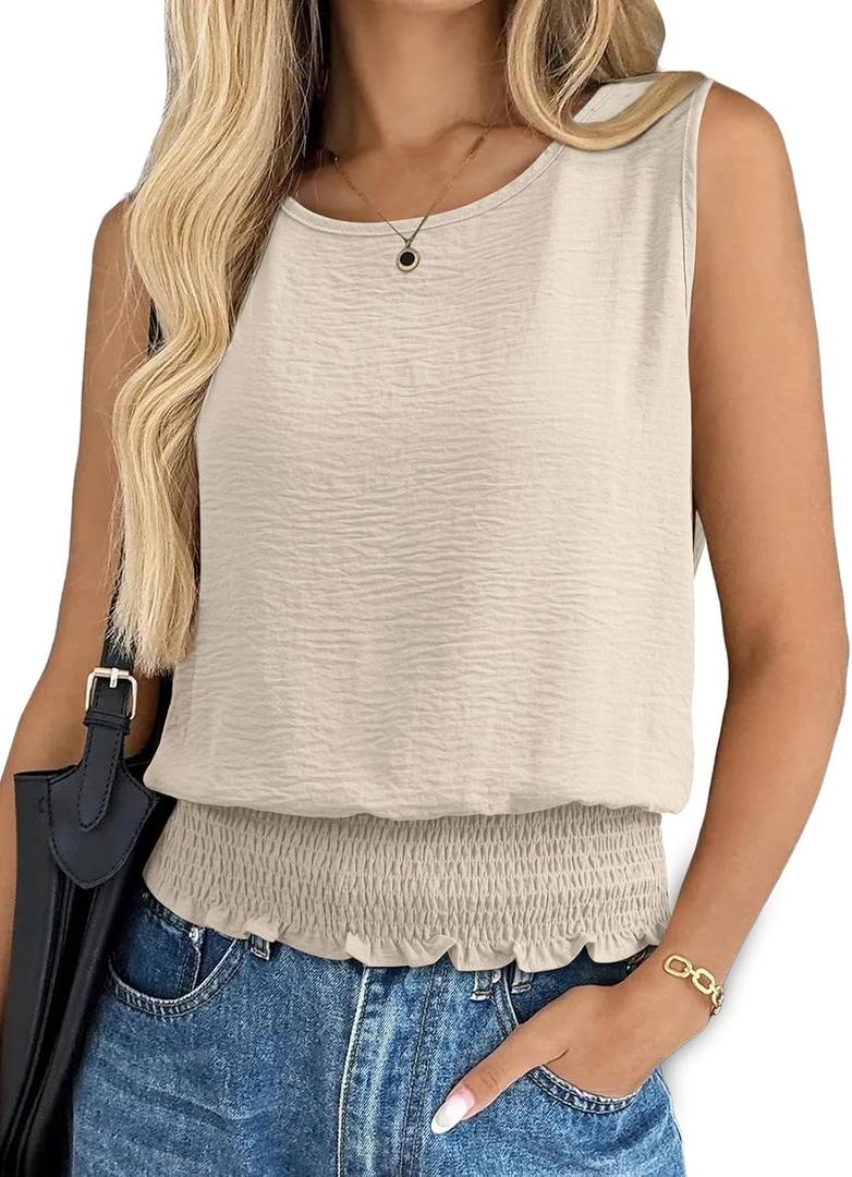 BLENCOT Summer Tank Tops for Women Sleeveless Casual Boho Cami Slim Fit Smocked Bottom Shirts (M)