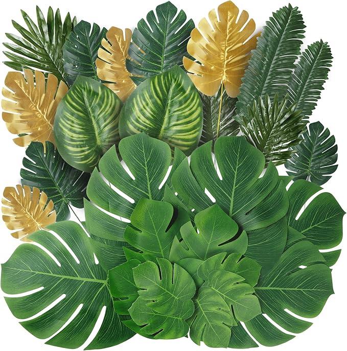 8 Kinds Artificial Tropical Palm Leaves Tropical Leaves Monstera Leaves Safari Jungle Leaf with Stems for Hawaiian Luau Party Beach Table Wedding Shower Birthday Theme Decorations