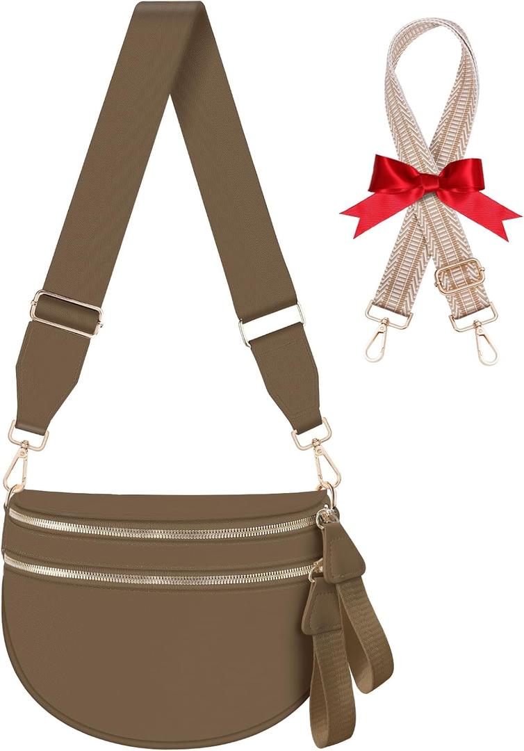 Bum Bags for Women Checkered Crossbody Bag Large Nylon Belt Purse Fanny Packs, Bonus with a Extra Strap (Brown(No Wallet))