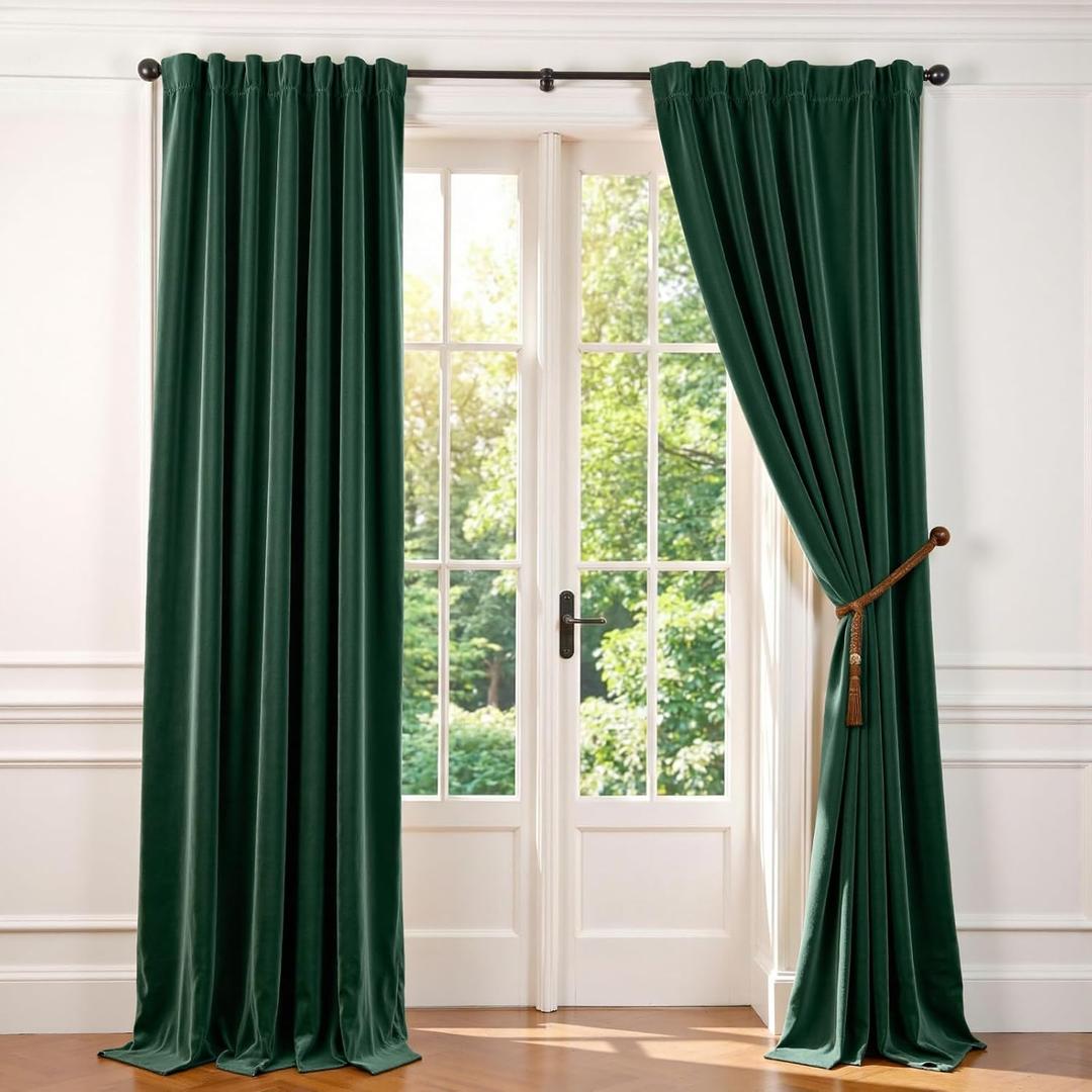 Lazzzy Velvet Blackout Extra Long Curtains Thermal Insulated Room Window Drapes Super Soft Luxury Curtains for Living Room Bedroom Rod Pocket 2 Panels, Emerald Green, 62" W x 108" L