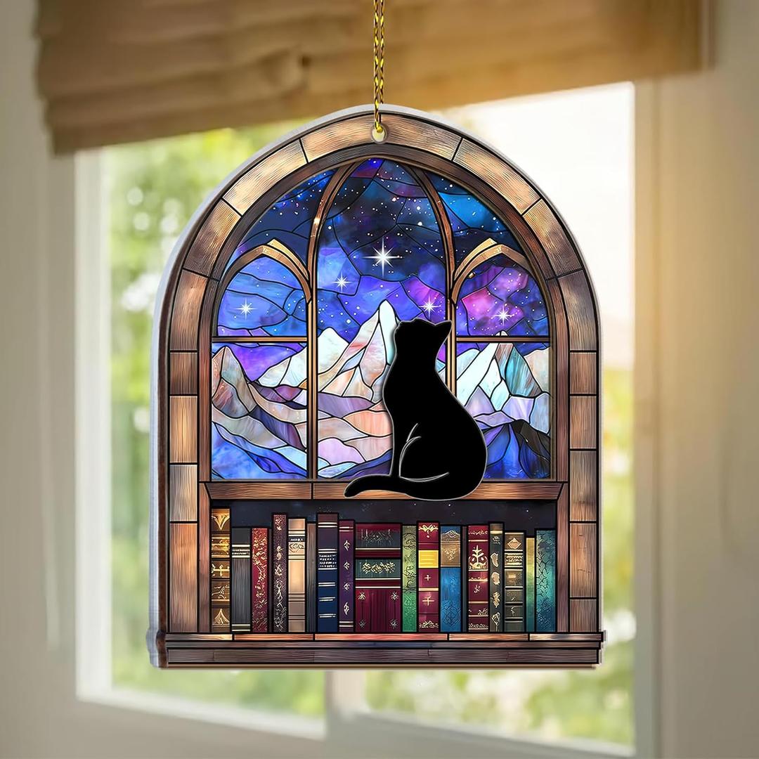 3 x Hyturtle Book Lovers Suncatcher Ornament 2025  Black Cat Window Hanging, Book Themed Christmas Tree Decoration, Librarian Gift, Book Club Ornament, Unique Bookish Keepsake for Readers, 5"