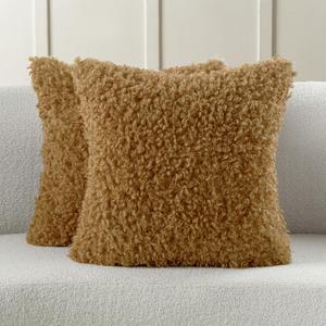 FUTEI Pack of 2 Decorative Throw Pillow Covers 18x18 Inch,Soft Fluffy Faux Wool Fur Boucle Textured Cushion Case,Modern Home Decor for Couch Bed Living Room Office,Camel