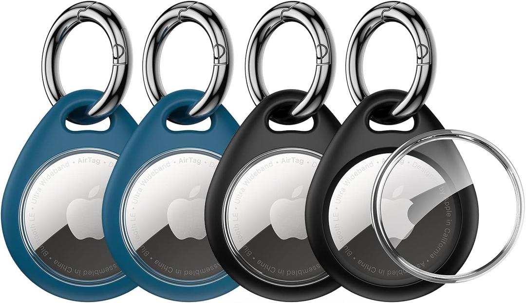 UNBREAKcable AirTag Holder for Apple - 4 Pack Air Tag Case [Fit Tightly Design] [Easy to Install] [Hold Air Tag Securely] Waterproof TPU Shell Protective Cover with All Metal Keychain Key Ring Clip (Black & Blue)