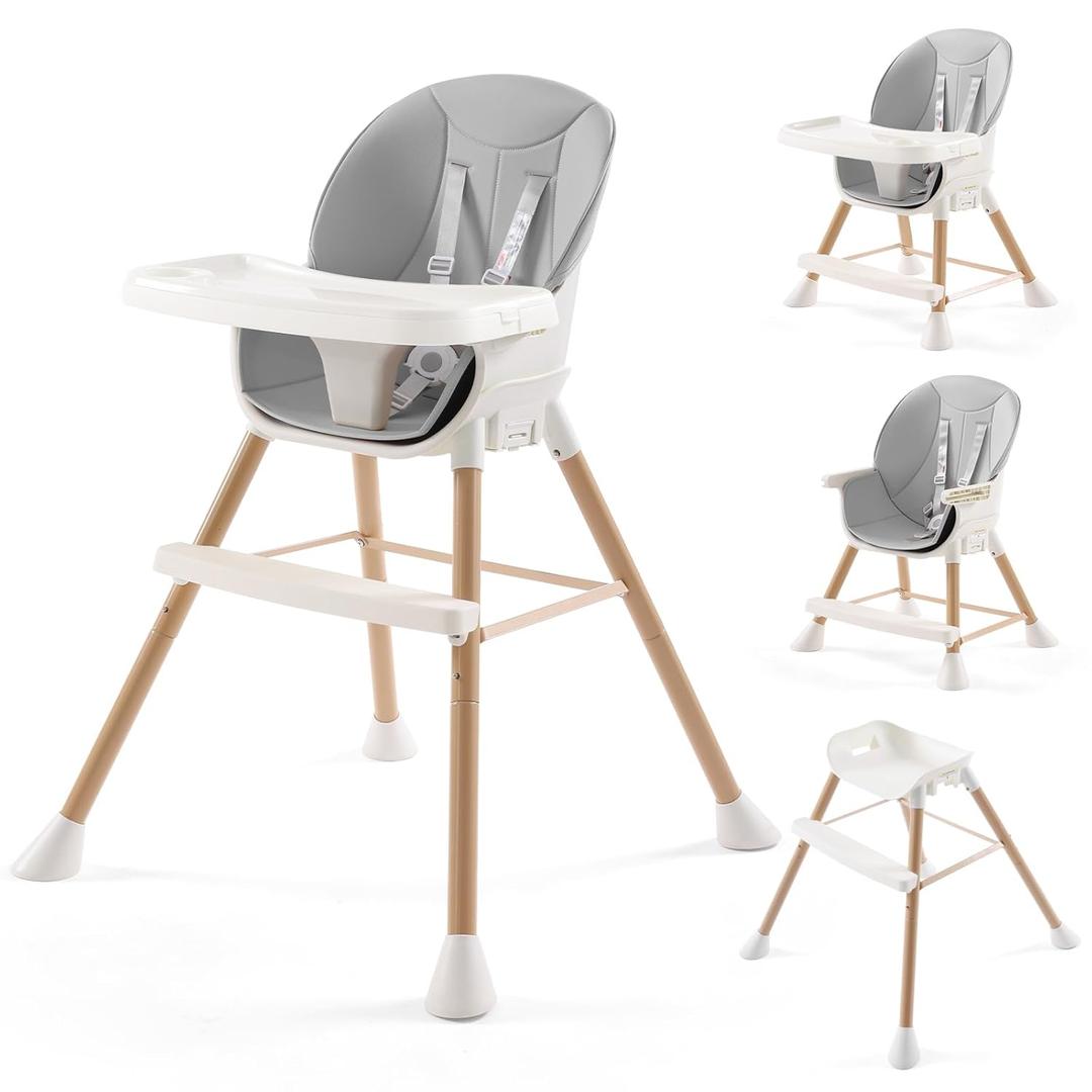6-in-1 Convertible High Chair for Babies and Toddlers, Baby Feeding with Adjustable Legs &Double Dishwasher Safe Tray, Infants Eating Footrest&Safety Harness Boys Girls,Light Gray