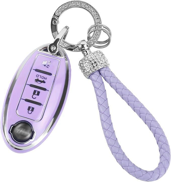 COGEEK Key Fob Cover with Bling Lanyard, Compatible with Nissan Altima Rogue Sentra Pathfinder Maxima Titan Murano Kicks Soft TPU Smart Key Shell Holder 4 Buttons (Purple)