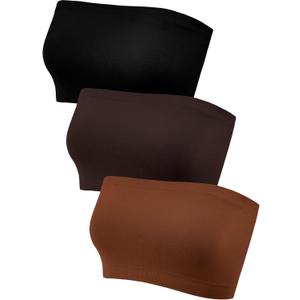 Women's Strapless Bralette Seamless Bandeau Soft Stretchy Non-Padded Bandeau Tube Top Bra in Color, 3 Pieces (Large-X-Large, Black, Light Caramel, Dark Brown)