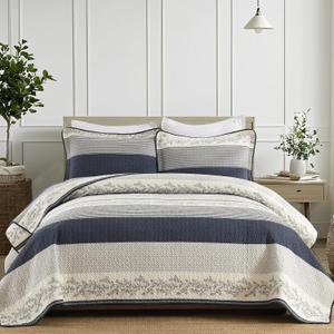Striped Quilt King Size - Navy White Quilt Set with Matching Shams, Vintage Vine Design Farmhouse Bedding Bedspread, 3 Pieces 100% Cotton Lightweight Coverlet Home Decor for All Season (King(98"x106"), Navy/Gray/Off White/Cream)