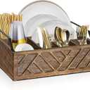 Ukonvi Flatware Organizers Paper Plate Dispenser with Handles, Paper Plate Holder for Kitchen Counter, Wood Rustic Silverware Utensil Caddy, Brown