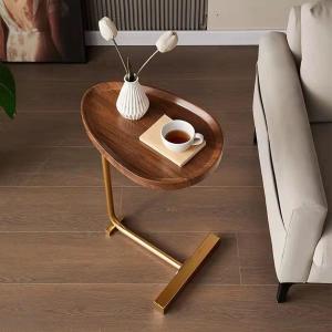 Small Side End Table New C Table Narrow Round Bed Sofa Couch Coffee Dinner Table for Snack Drink TV Tray, Slim Gold Rustic End Table Modern Simplicity, Metal and Wood - 24 Inch
