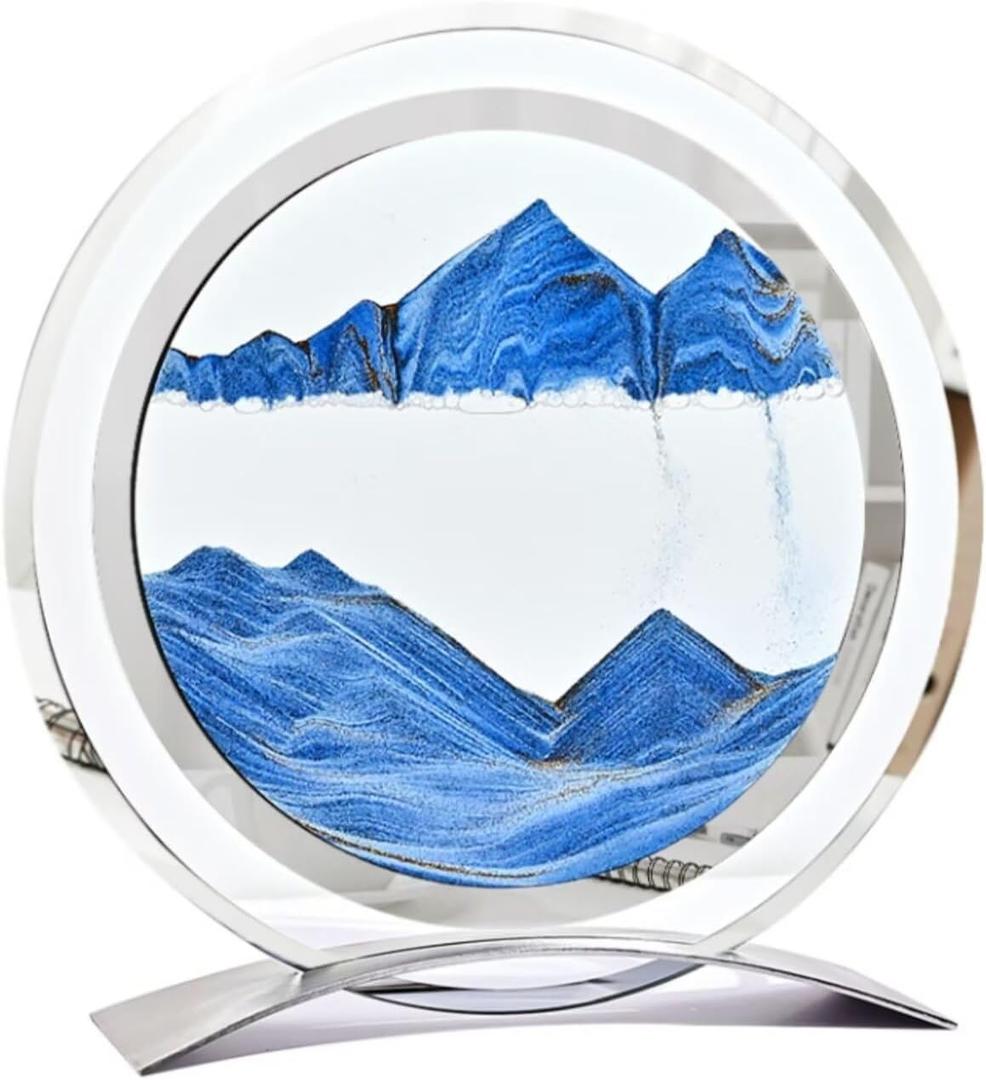 BGFJYUK Moving Sand Art Picture in Motion, Round Glass 3D Deep Sea Sandscapes with Display Flowing Sand Frame for Relaxing Desktop Home Office Work Dcor for Kids Adults (Blue)