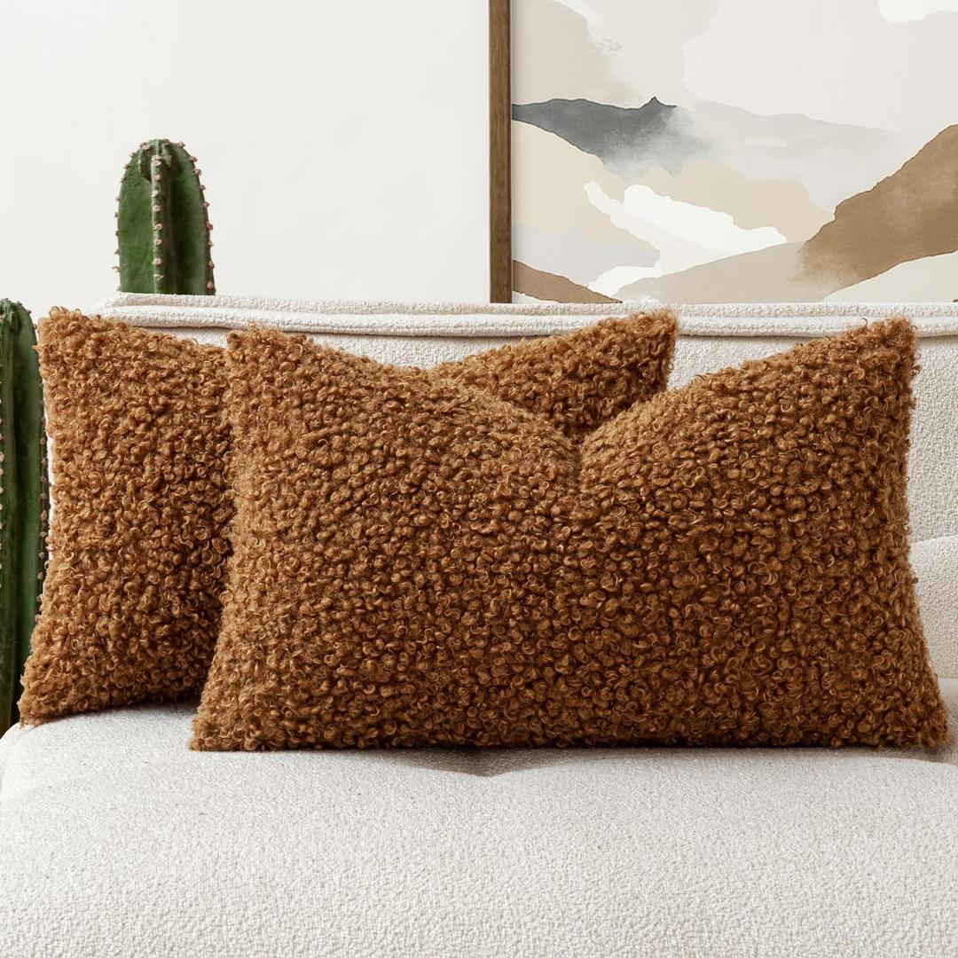 Woaboy Faux Fur Throw Pillow Covers 20x12 Inch Set of 2 Boucle Neutral Decorative Lumbar Sherpa Fuzzy Accent Soft Sheepskin Fleece Cushions Modern Home Fall Decor for Couch Bedroom Living Room,Brown