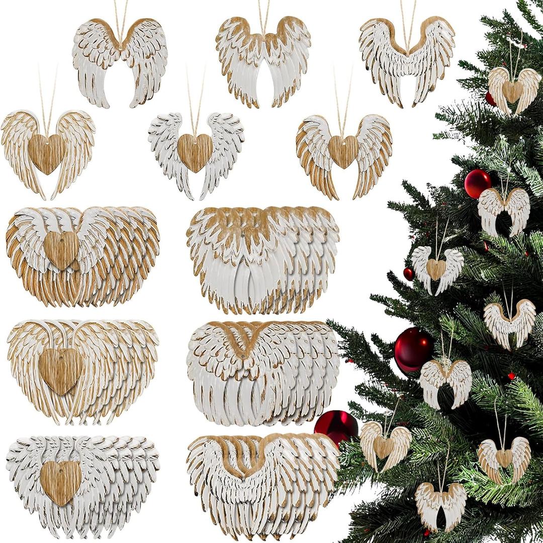 24 Pcs Angel Wing Christmas Wood Ornaments Wood DIY Crafts Farmhouse Rustic Carved Angel Wing Hanging Ornaments Xmas Tree Decor for Xmas Party Supplies