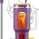 Glass Tumbler with Lid and Straw, 46 oz Iced Coffee Cup with Handle, Glass Water Bottles with Silicone Sleeve, BPA Free-Purple