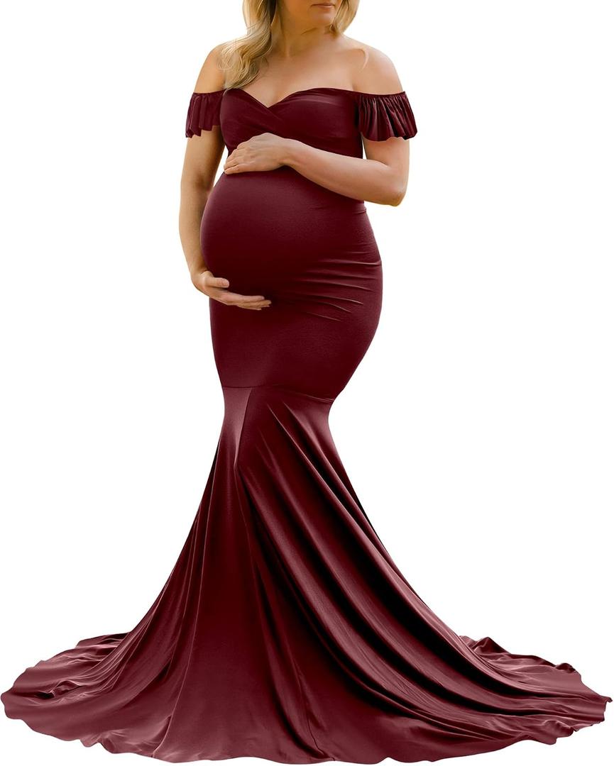 Saslax Off Shoulder Ruffle Sleeves Elegant Fitted Maxi Maternity Dress for Photoshoot Baby Shower, Medium