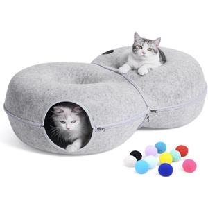 8-Shaped Large Cat Tunnel Bed for Indoor Cats, Infinite Circulation Peekaboo Cat Cave with 12 Toy Balls, Cat Donut Tunnel for Cats up to 30 Pounds (Light Grey, L 38x24x11in)