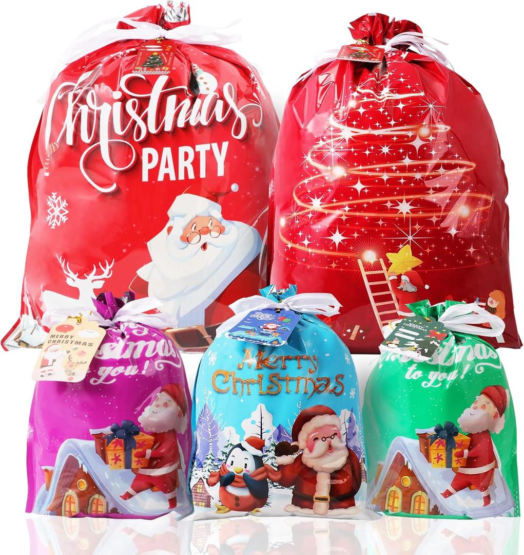 Christmas Gift Bags Drawstring 30PCS Christmas Gift Bags Assorted Sizes 5 Designs 4 Size Xmas Bag Bulk, Xmas Wrapping Bag with Tags, Plastic Gift Bag for Christmas Presents Small Medium Large