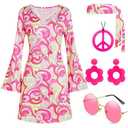 Deerjoke 60s 70s Disco Outfit Hippie Costume Women, 1970 Style Clothes Dress Accessories Jewelry Halloween, Pink, Small 