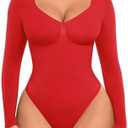 FeelinGirl Women's Long Sleeve Shapewear Bodysuit for Tummy Control Seamless Body Suits Thong V Neck Going Out Tops, M