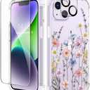 GVIEWIN for iPhone 14 Case Floral, with Screen Protector & Camera Lens Protector,[Non Yellowing] Soft Shockproof Clear Phone Protective Cover for Women, Flower Pattern Design 6.1"(Mallow/Colorful)