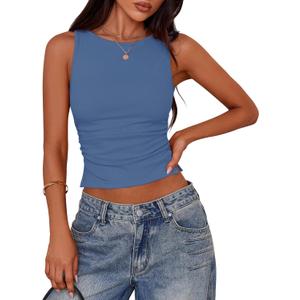 PRETTYGARDEN Women Going Out Tops Summer Clothes 2025 Trendy Split Hem Ruched Sleeveless Shirt Cute Y2K Tank Top (Blue, XXL)