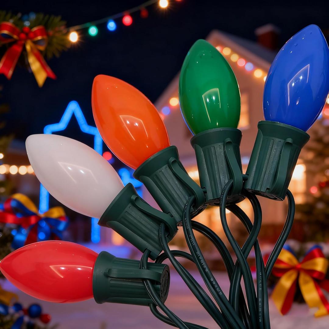 C9 LED Multicolor Christmas Light, 25FT Vintage Christmas Lights with 26 Ceramic LED Bulbs(1 Spare), Hanging Connectable Christmas Tree Roofline Lights for Patio Garden Holiday Home Christmas Decor