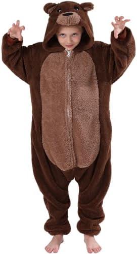SWEETXIN Unise Kids Jumpsuit Cosplay Onesie One Piece Suit for Girls Boys Halloween Character Costume Dress Up Party (8 Years,Coffee Bear)