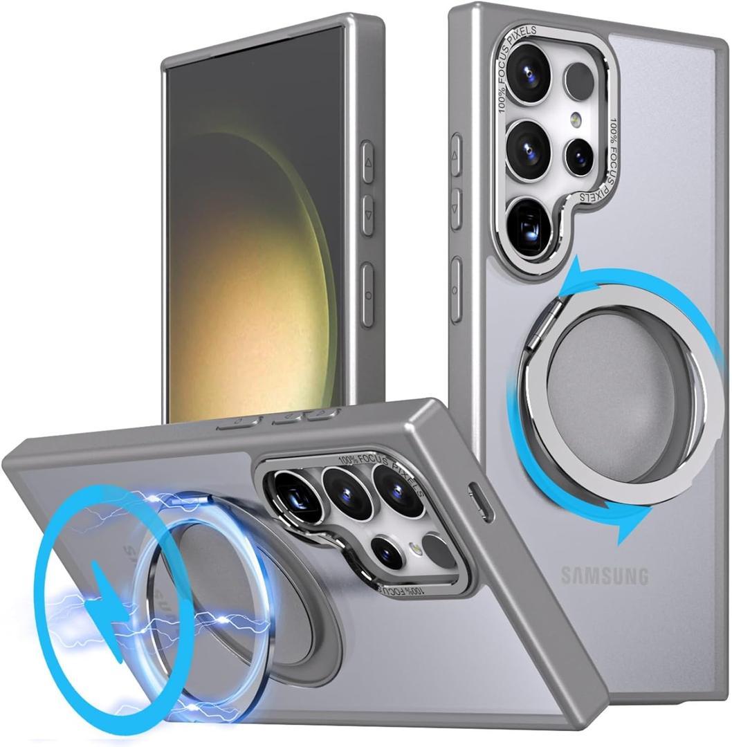 for Samsung Galaxy S22 Ultra/S23 Ultra Case with 360 Rotatable Magnetic Ring Kickstand[Compatible with Magsafe],Military Grade Shockproof Translucent Protective Case - 6.8 inch,Silver Grey