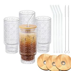 Vintage Glass Cups with Bamboo Lids and Straws–4Sets 11oz Iced Coffee Cups for Women, Aesthetic Glass Tumblers for Juice, Cocktail, Whiskey – Housewarming Gifts for New Home, Coffee Bar Accessories