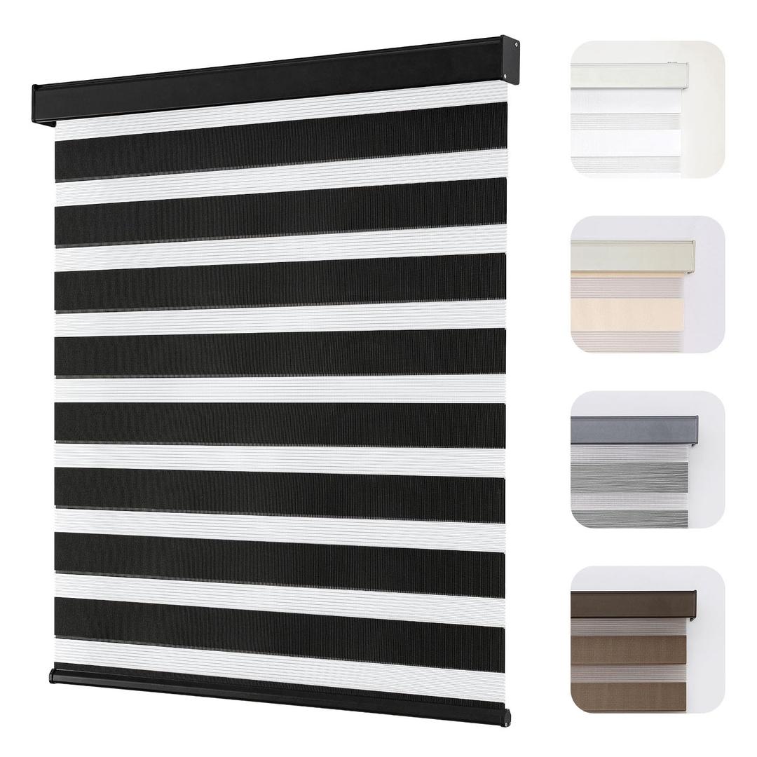 Joydeco Cordless Zebra Blinds for Windows, Dual Layer Light Control Window Blinds with Light-Proof Aluminum Cover, Free-Stop Roller Shades for Home & Office (Black,26" W x 75" H)