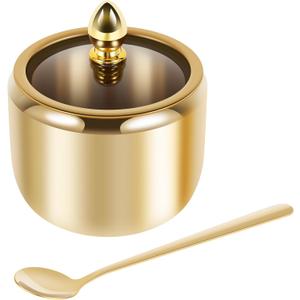 Stainless Steel Sugar Container with Clear Glass Lid and Spoon Gold Sugar Bowl 10oz Sugar Jar Dishwasher Safe Seasoning Box Multifunctional Condiment Pot for Salt Candy Coffee Bean, 4 pcs