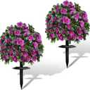 Artificial Flowers for Outdoors, Faux Outdoor Plants Fake Plants Topiary Balls Artificial Outdoor Set of 2 with Ground Spike for Home Front Porch Patio Garden Decor (Rose Purple)