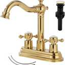 GGStudy Bathroom Faucet Polished Gold 2 Handles 4 Inches Centerset RV Vanity With Drain Assembly and Supply Hose