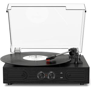 Vinyl Record Player with Built-in Speakers 3-Speed Vintage Record Player Support Treble& Bass Control, 3.5mm Headphone Jack, RCA-Out/ Aux in, Belt-Driven LP Turntable, Black Wood