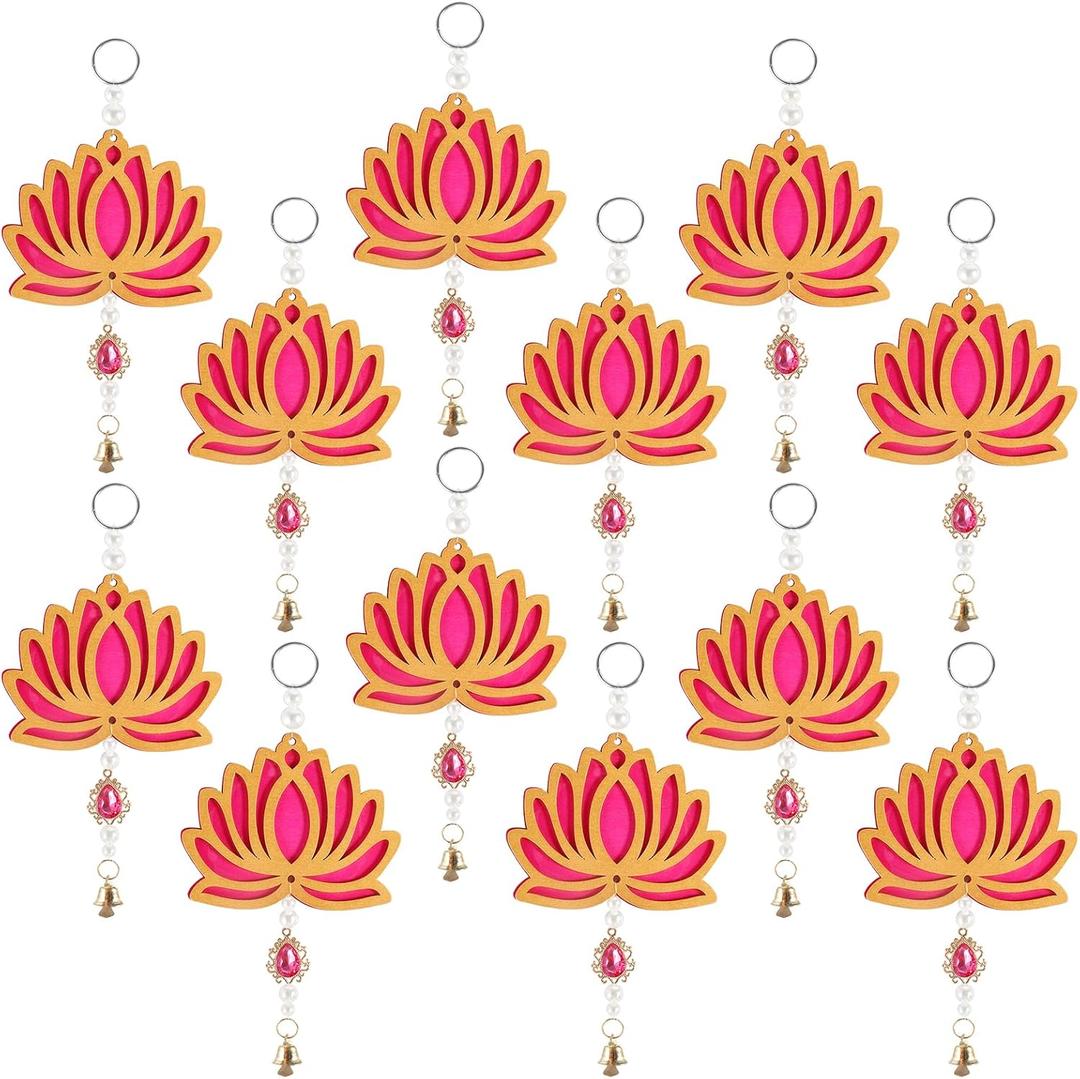 12 Pcs Lotus Hangings Garlands Diwali Floral Wall Hangings Indian Pooja Room Wood Decoration Back Dropper Showpiece for Diwali Temple Home Wall Decor